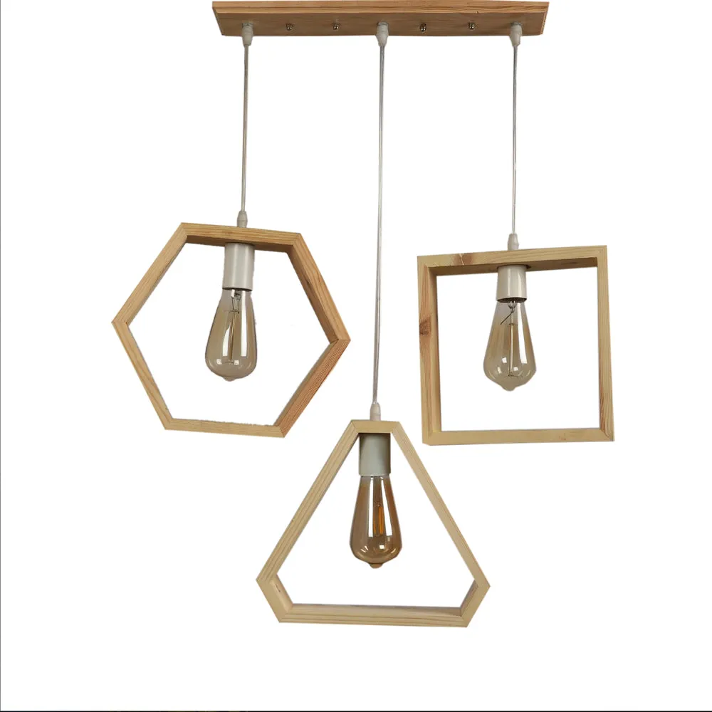 Triple Wooden Framed Contemporary Cluster Hanging Lights Single Piece