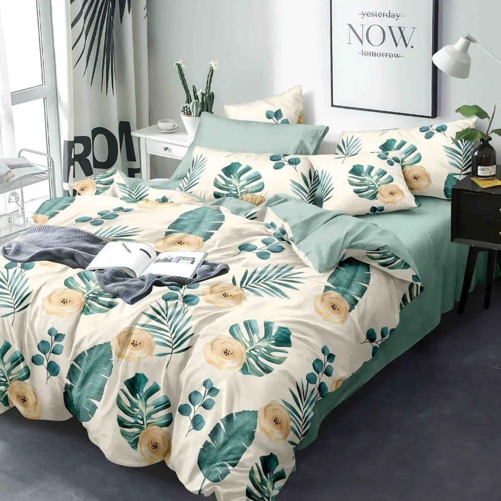 Tropical Cotyledons Designer Double Bedsheet With 2 Pillow Covers (White &amp; Green)
