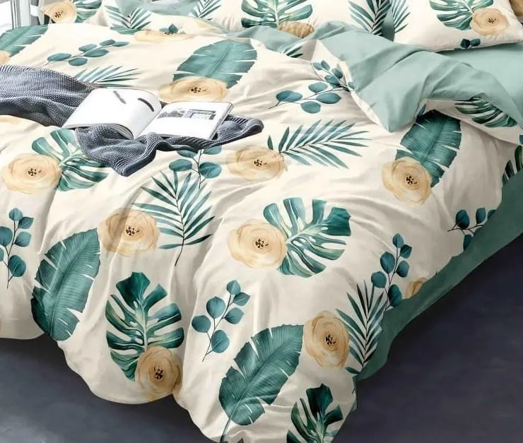 Tropical Cotyledons Designer Double Bedsheet With 2 Pillow Covers (White &amp; Green)
