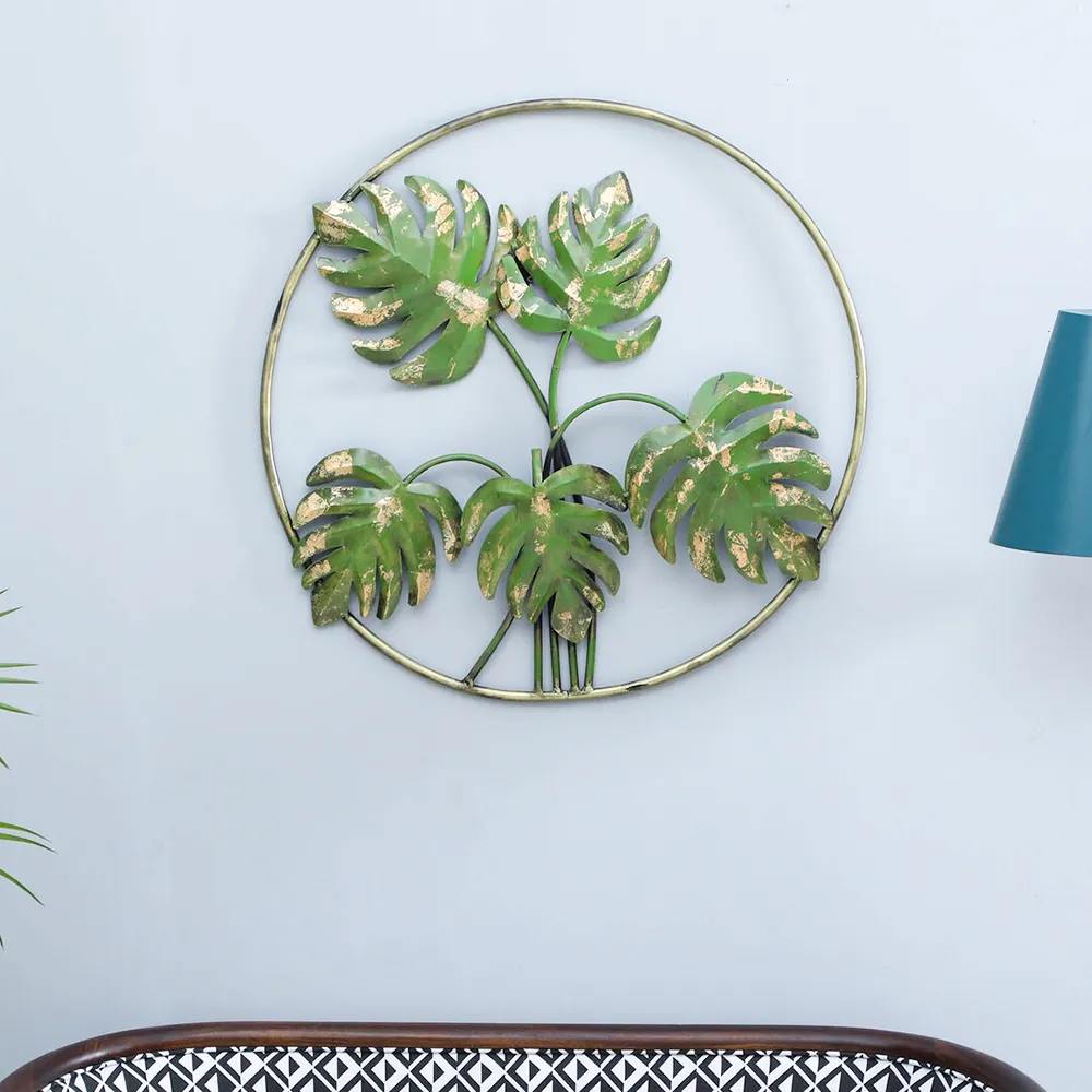 Tropical Ferns In Golden Ring Metal Wall Art