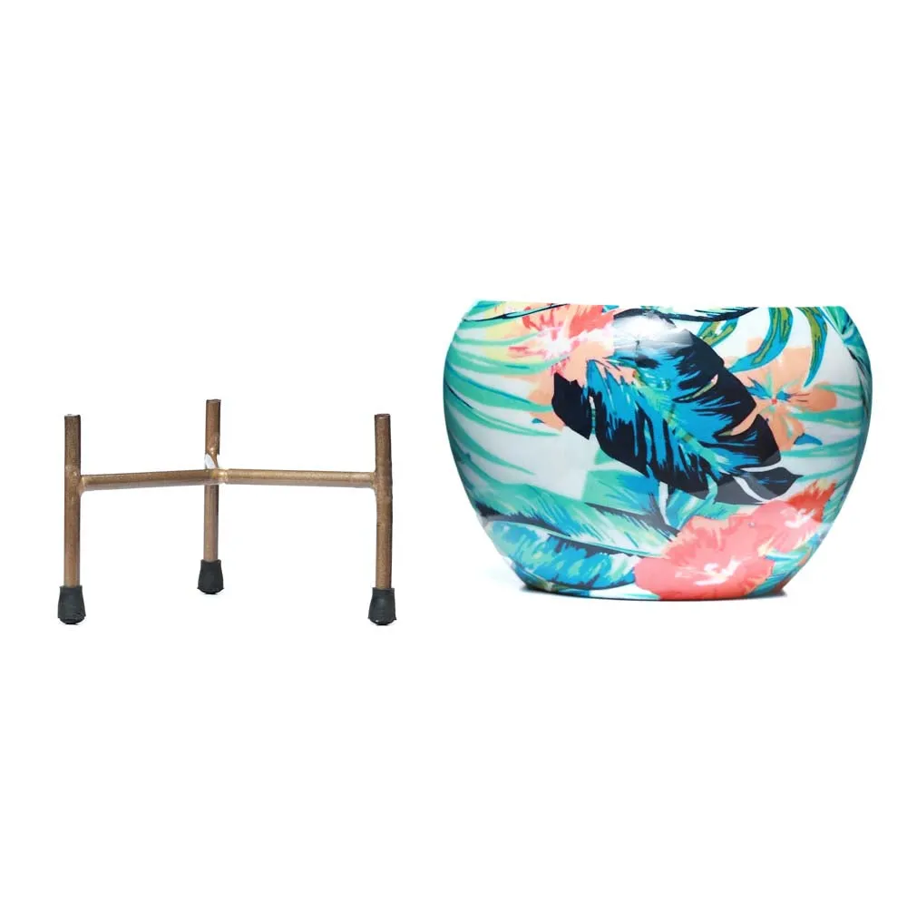 Tropical Multi-Hued Resilient Metal Plant Pots With Stand Set Of 2
