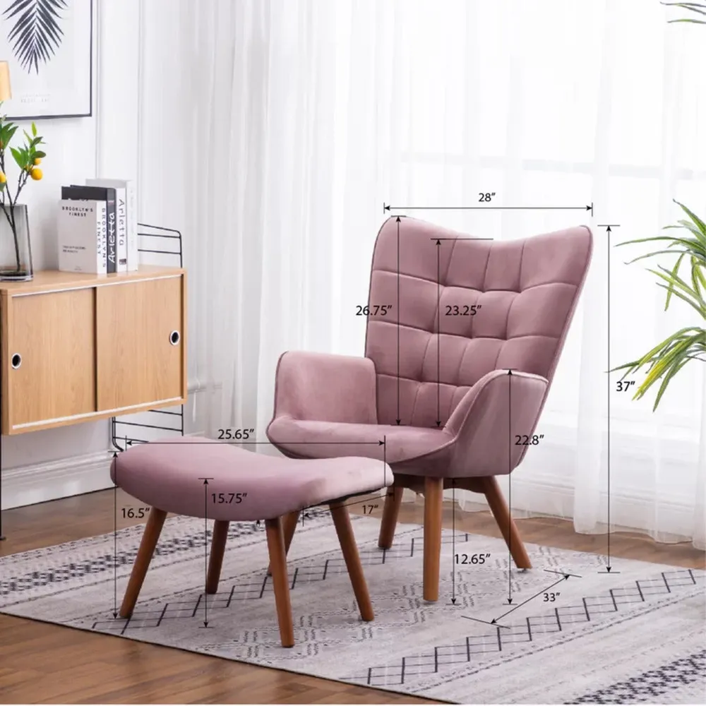 Tufted Curvy Long Back Peach Lounge Chair With Ottoman Single Piece