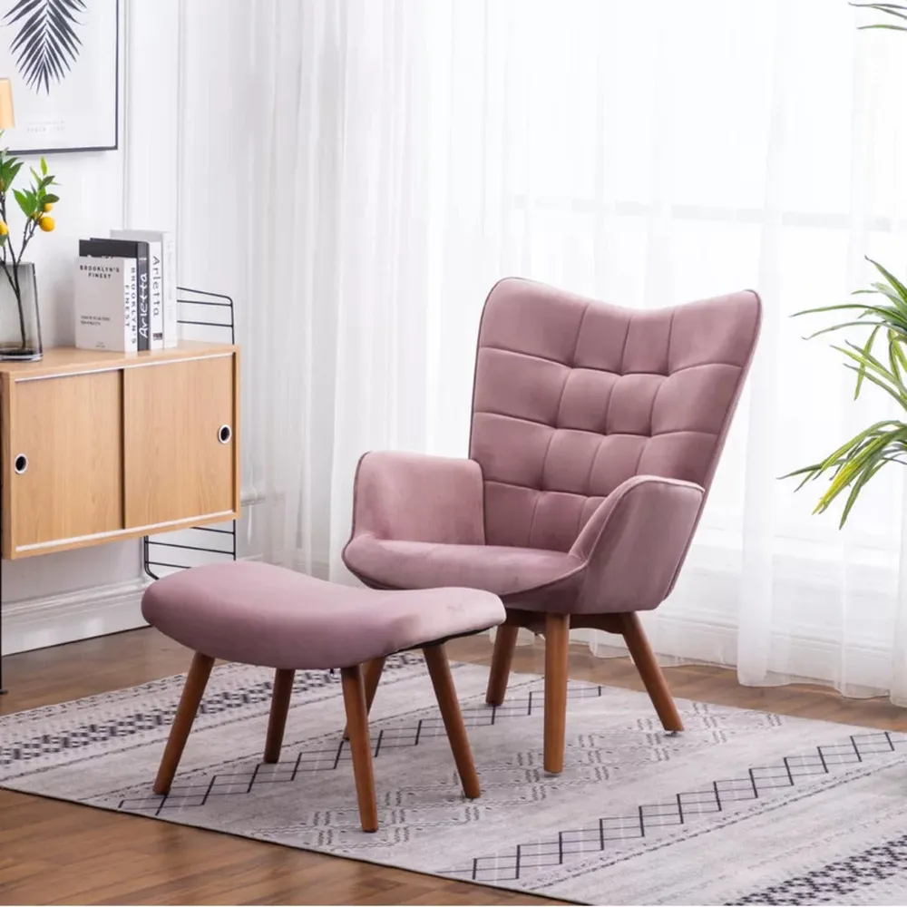 Tufted Curvy Long Back Peach Lounge Chair With Ottoman Single Piece