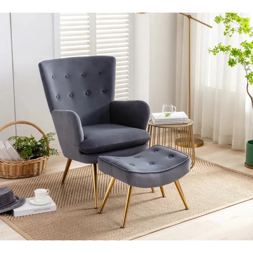 Tufted Long Back Grey Lounge Chair With Ottoman