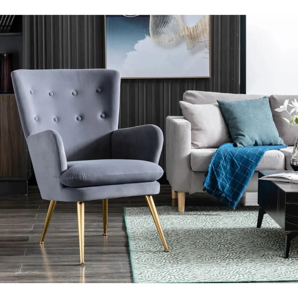 Tufted Long Back Grey Lounge Chair With Ottoman