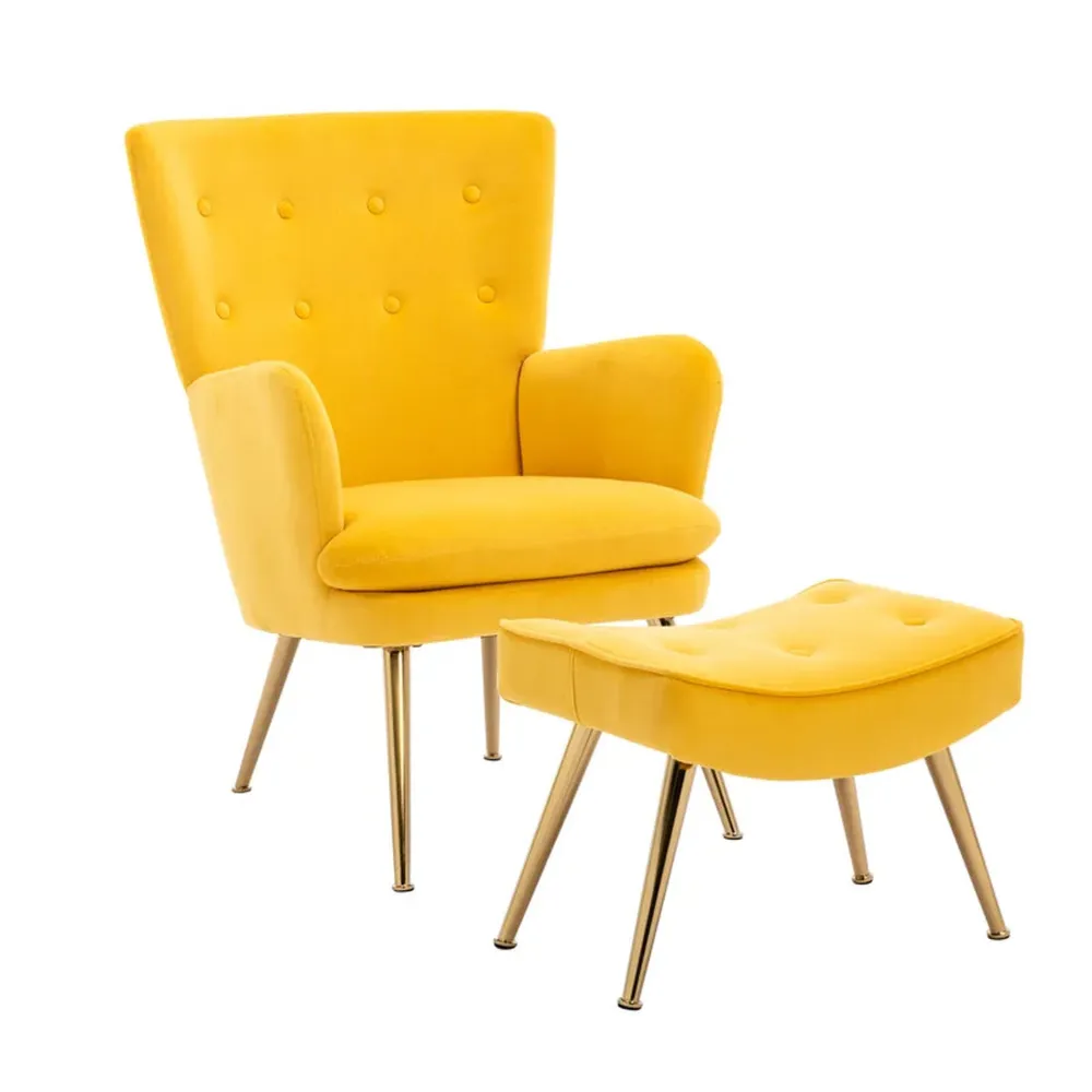 Tufted Long Back Yellow Lounge Chair With Ottoman