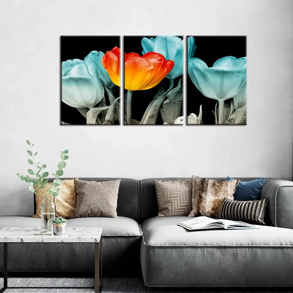Tulip Flower Wall Art Canvas Painting In 3 Pieces Wooden Frame MDF Panels