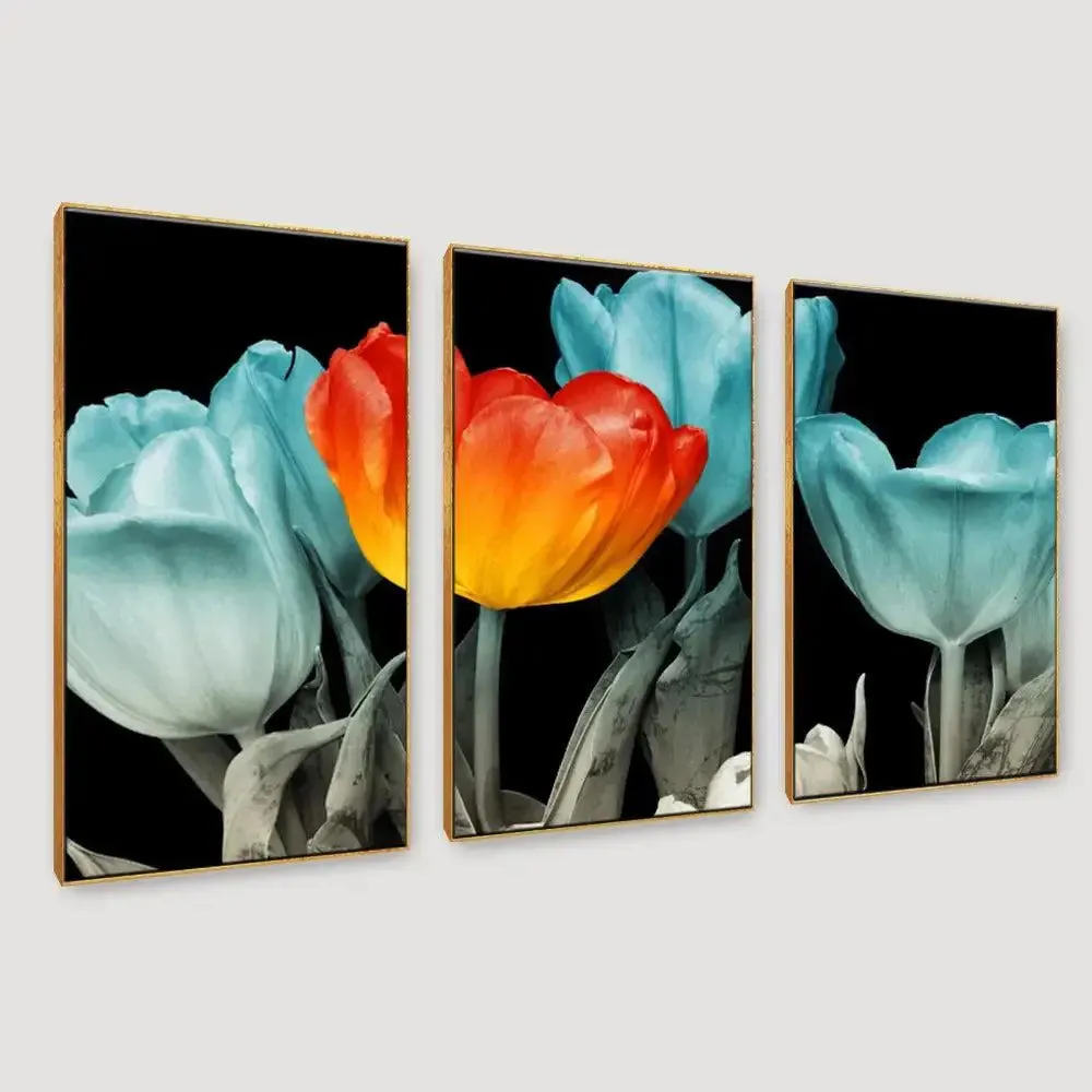 Tulip Flower Wall Art Canvas Painting In 3 Pieces Wooden Frame MDF Panels