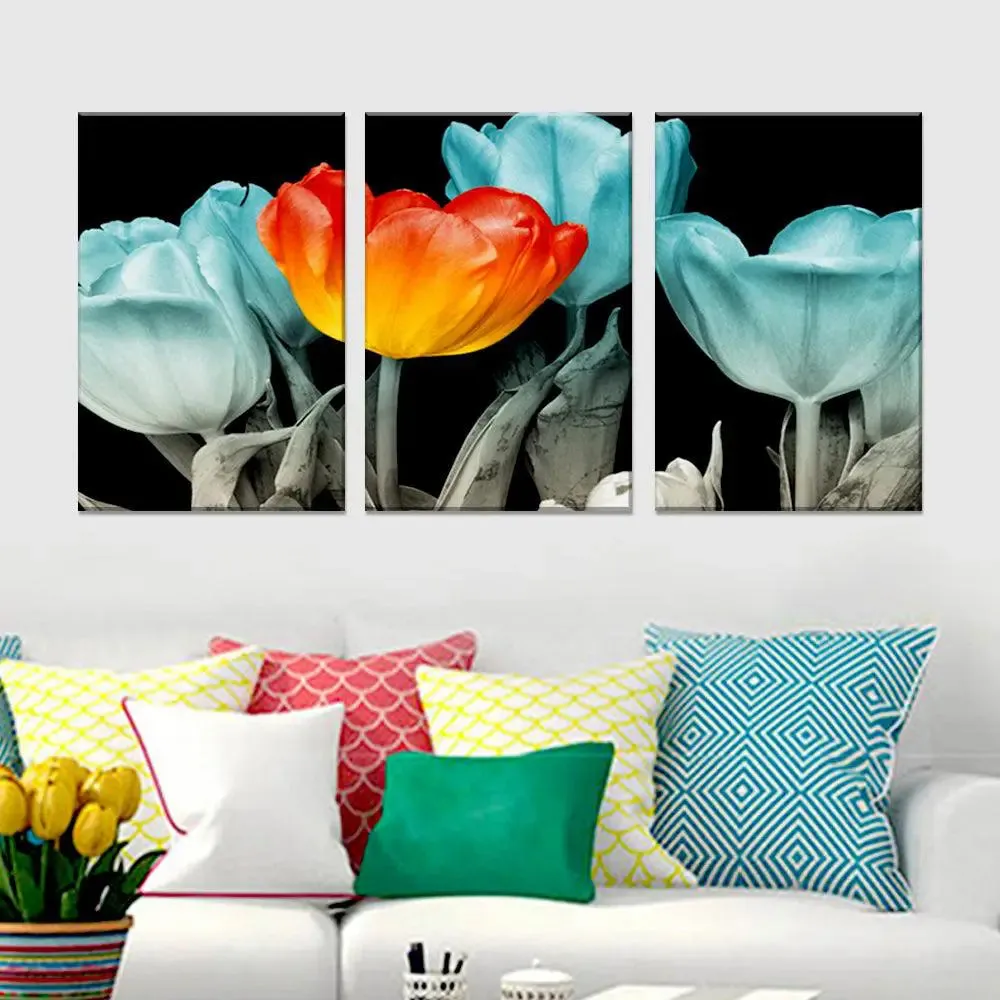 Tulip Flower Wall Art Canvas Painting In 3 Pieces Wooden Frame MDF Panels