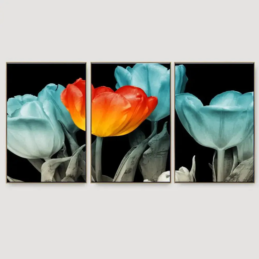 Tulip Flower Wall Art Canvas Painting In 3 Pieces Wooden Frame MDF Panels