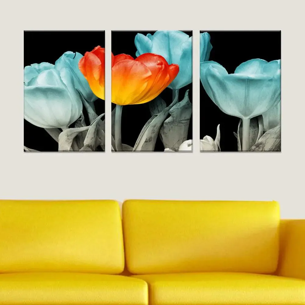 Tulip Flower Wall Art Canvas Painting In 3 Pieces Wooden Frame MDF Panels
