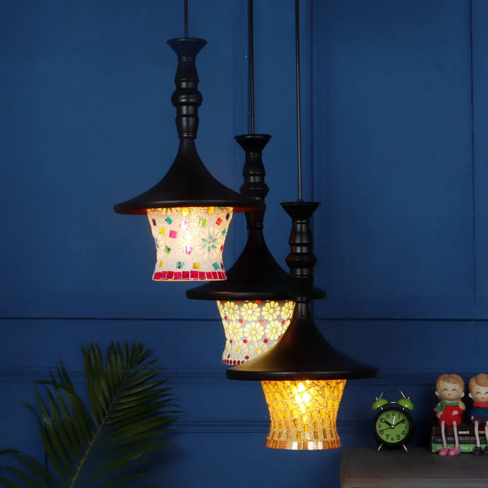 Tulip Shape Multicolor Mosaic Patterned Cluster Hanging Light