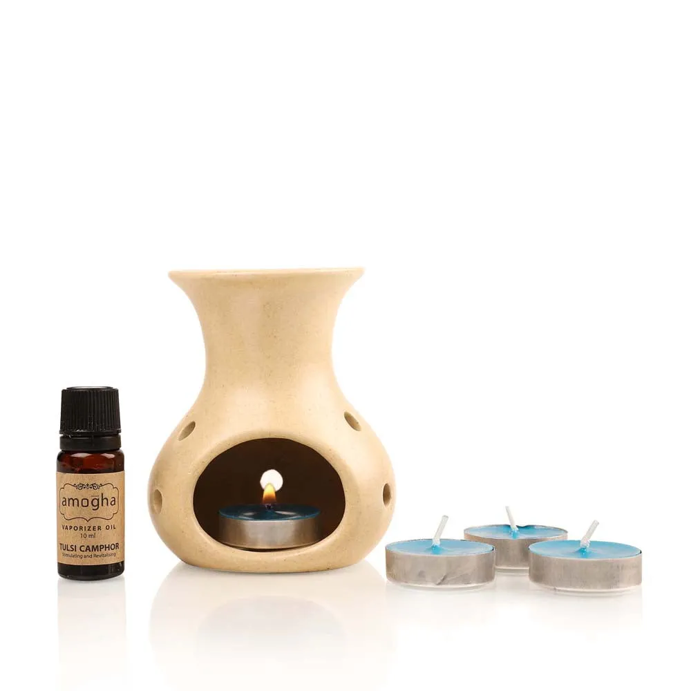 Tulsi Camphor Essential Oil with Ceramic Pot, Reed Diffuser Sticks & Potpourri