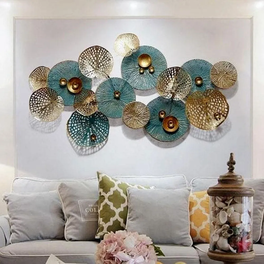 Turquoise &amp; Golden Big Leaves Metal Wall Art