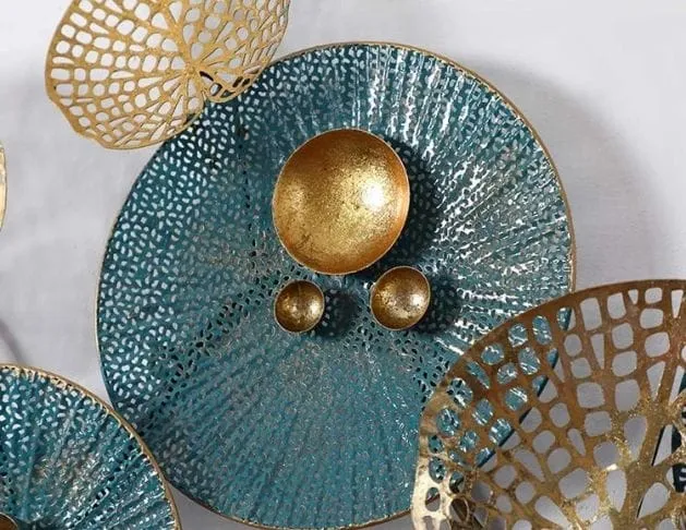 Turquoise &amp; Golden Big Leaves Metal Wall Art