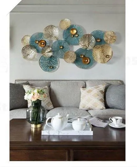 Turquoise & Golden Big Leaves Metal Wall Art