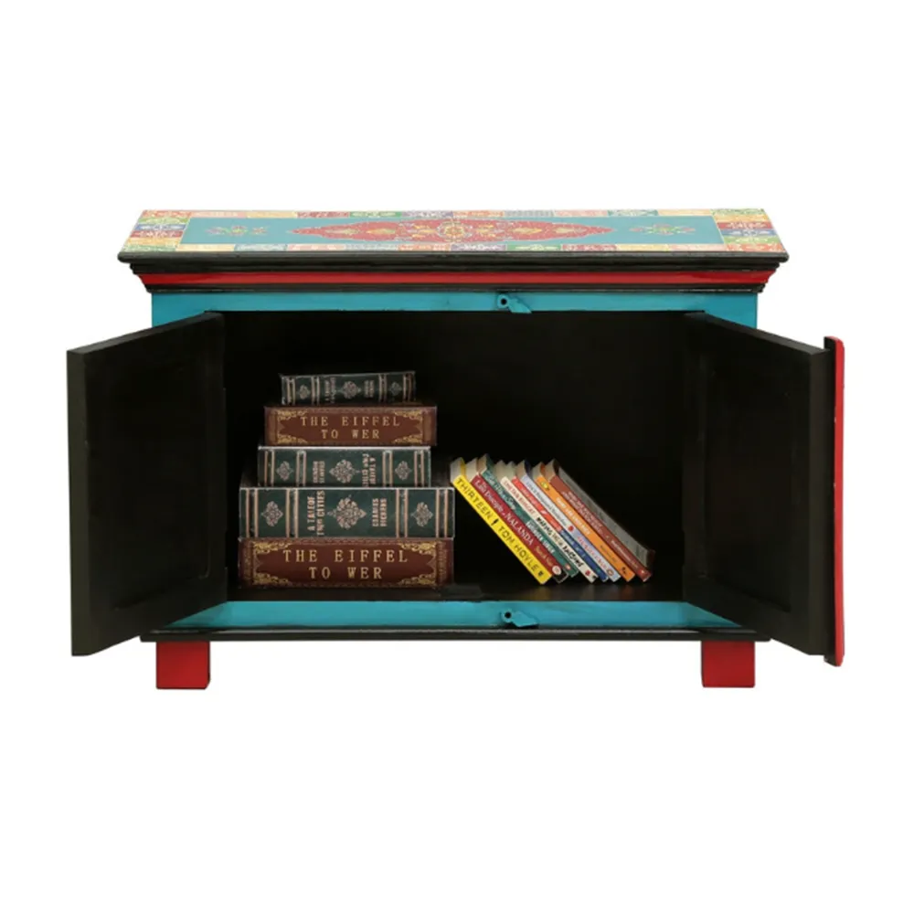 Turquoise Base Multicolor Traditionally Crafted Mango Wood Cabinet