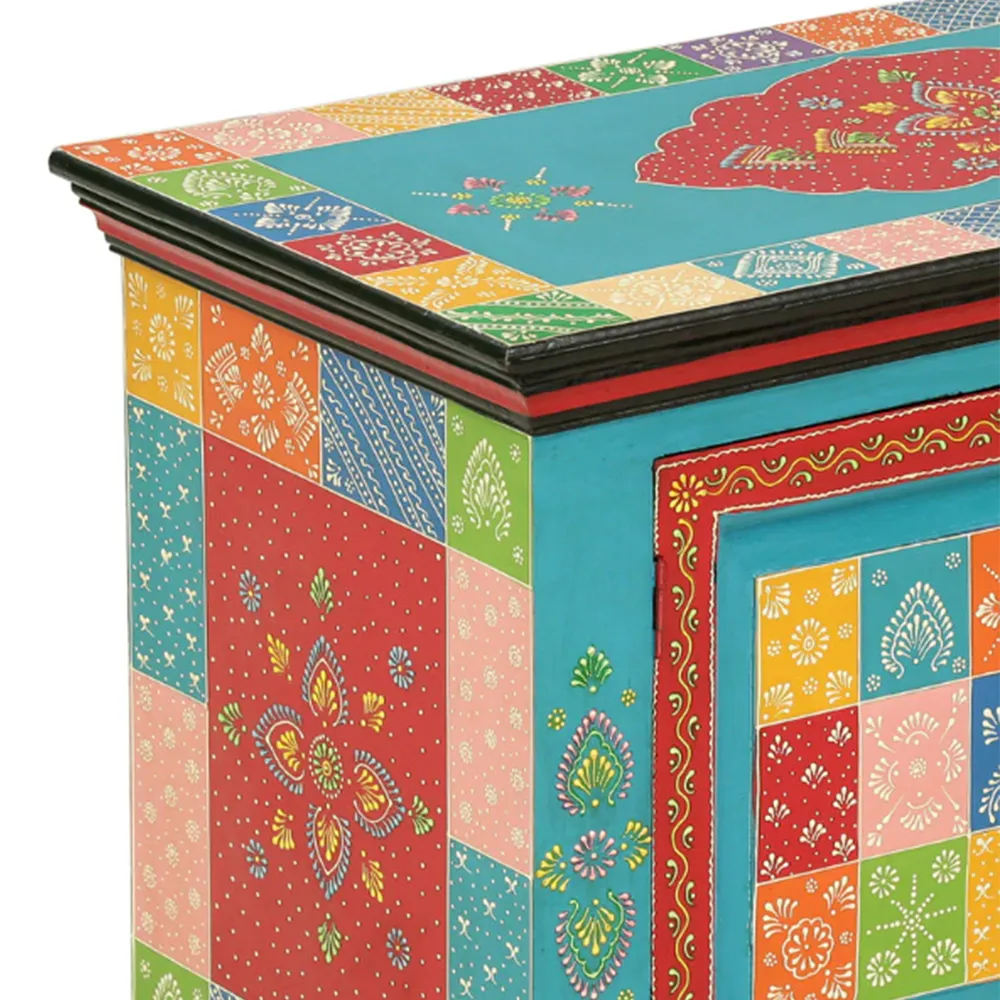 Turquoise Base Multicolor Traditionally Crafted Mango Wood Cabinet