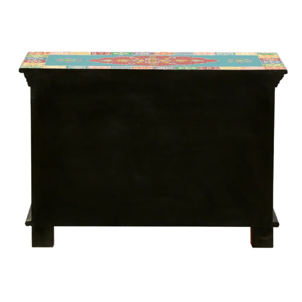 Turquoise Base Multicolor Traditionally Crafted Mango Wood Cabinet