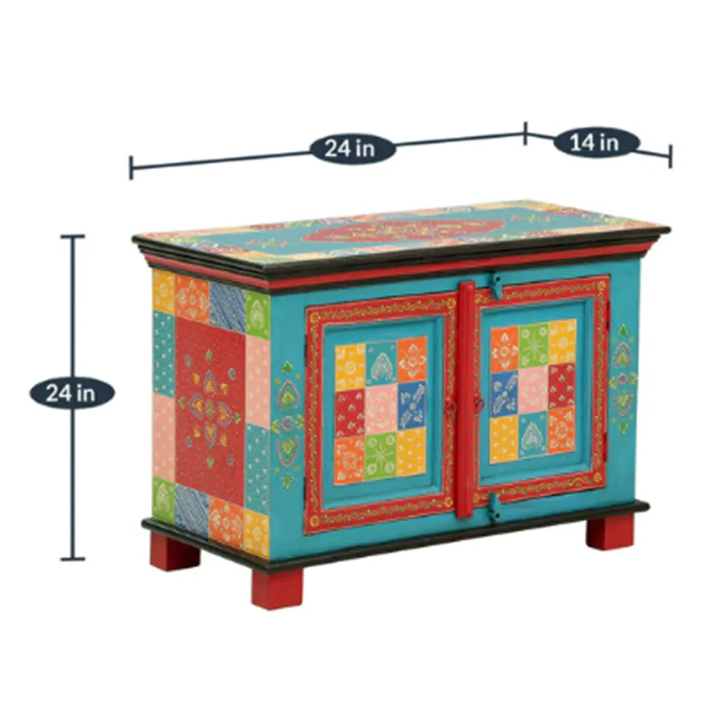 Turquoise Base Multicolor Traditionally Crafted Mango Wood Cabinet