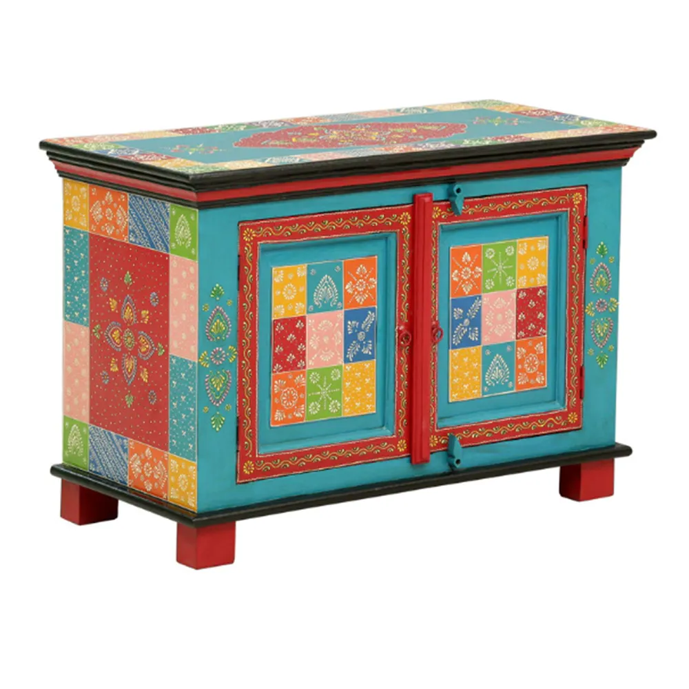 Turquoise Base Multicolor Traditionally Crafted Mango Wood Cabinet