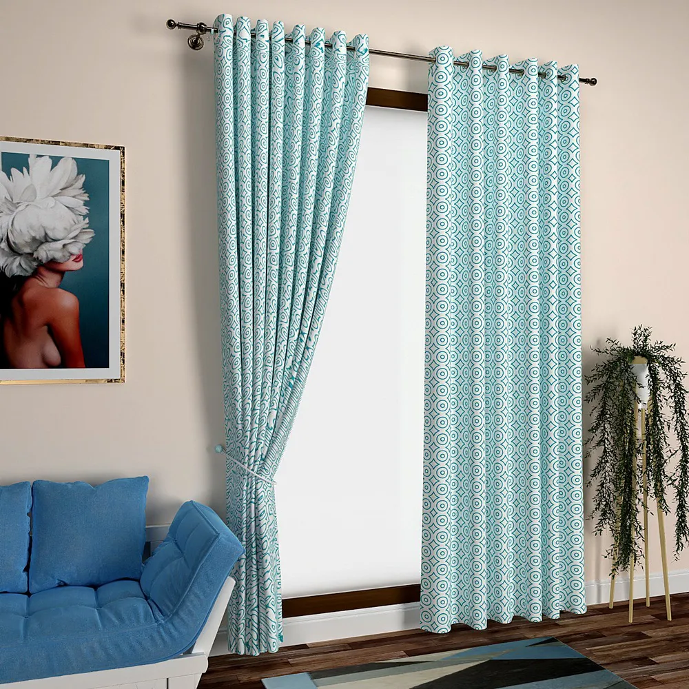 Turquoise Playful Circles Designer Window Curtain