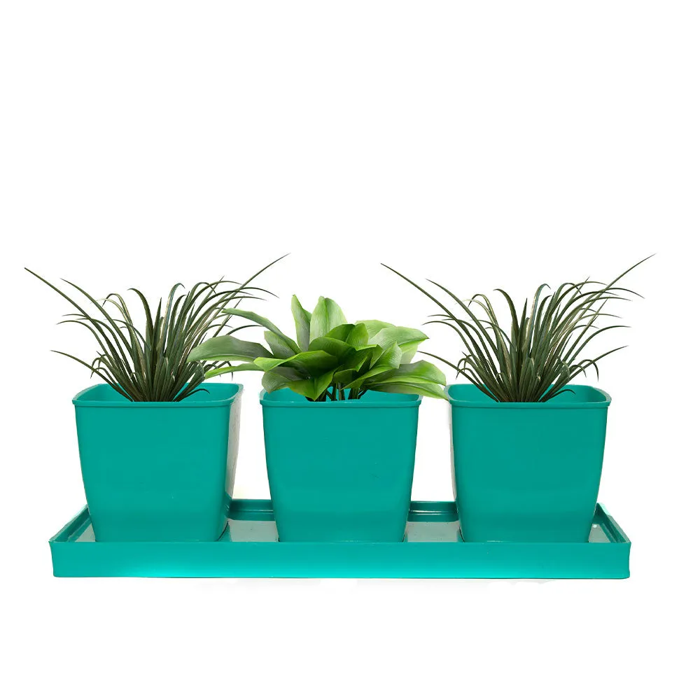 Turquoise Small Planter Pot With Tray Set Of 3