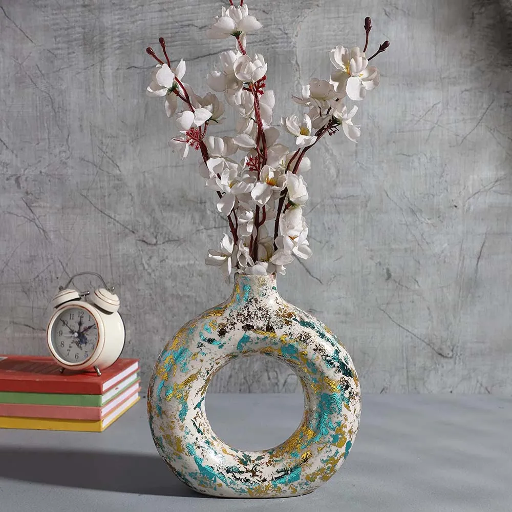 Turquoise Splashed Ceramic Donut Flower Vase