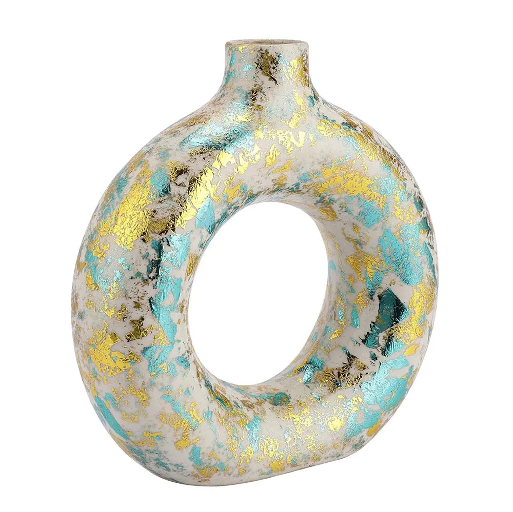 Turquoise Splashed Ceramic Donut Flower Vase