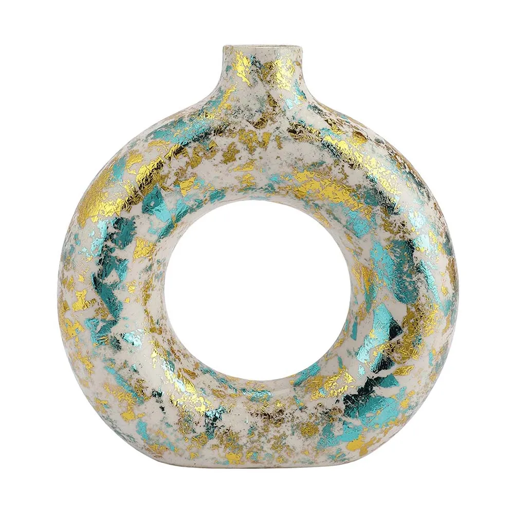 Turquoise Splashed Ceramic Donut Flower Vase