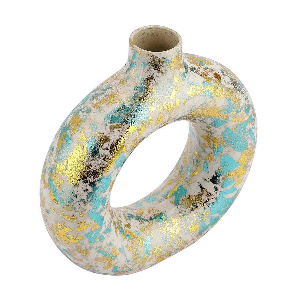 Turquoise Splashed Ceramic Donut Flower Vase