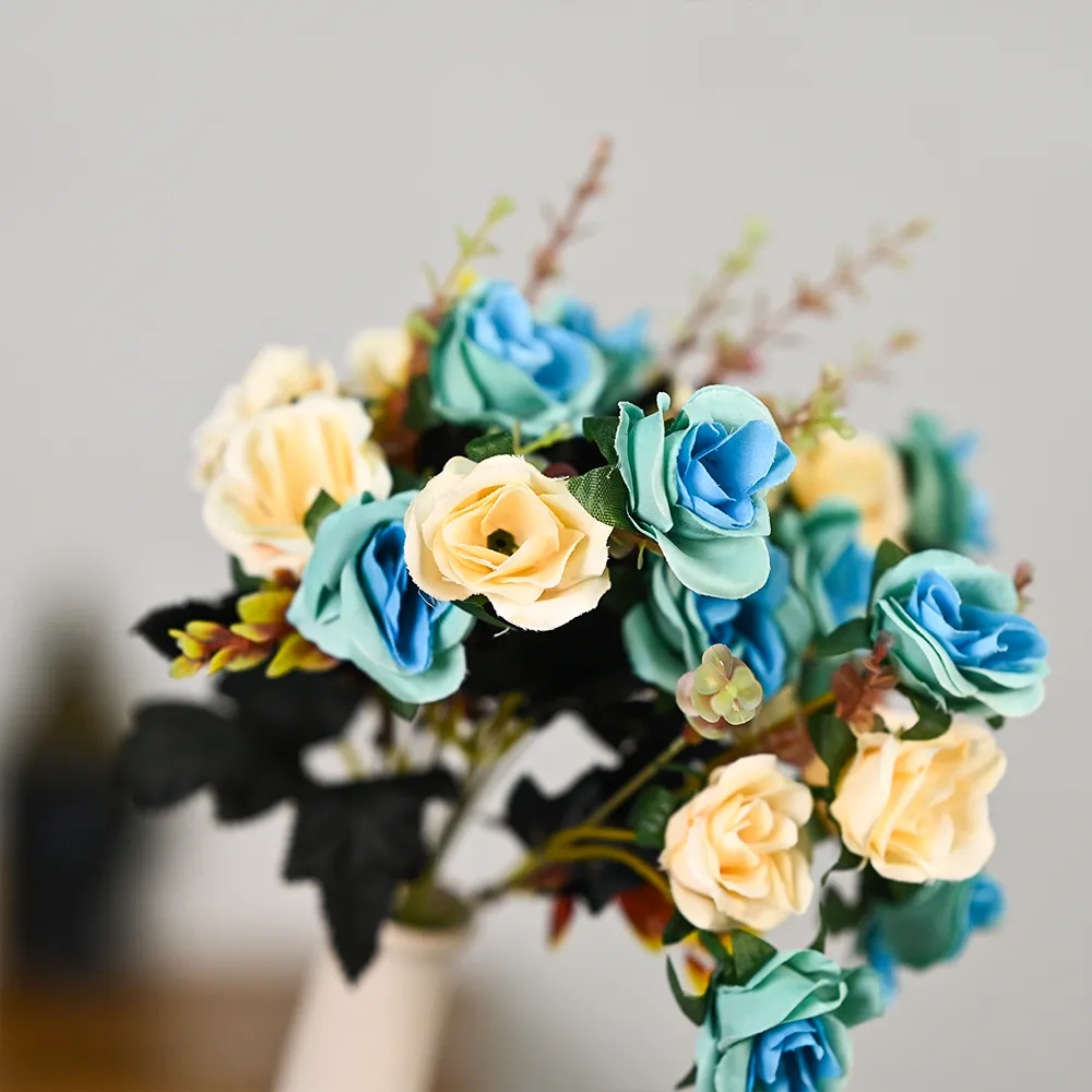 Turquoise & Yellow Artificial Rose Bunch Set Of 2