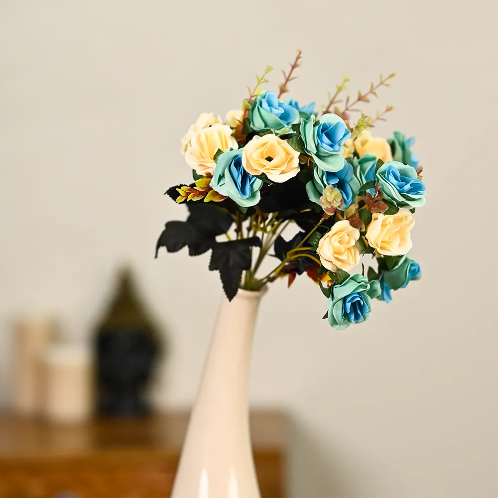 Turquoise & Yellow Artificial Rose Bunch Set Of 2