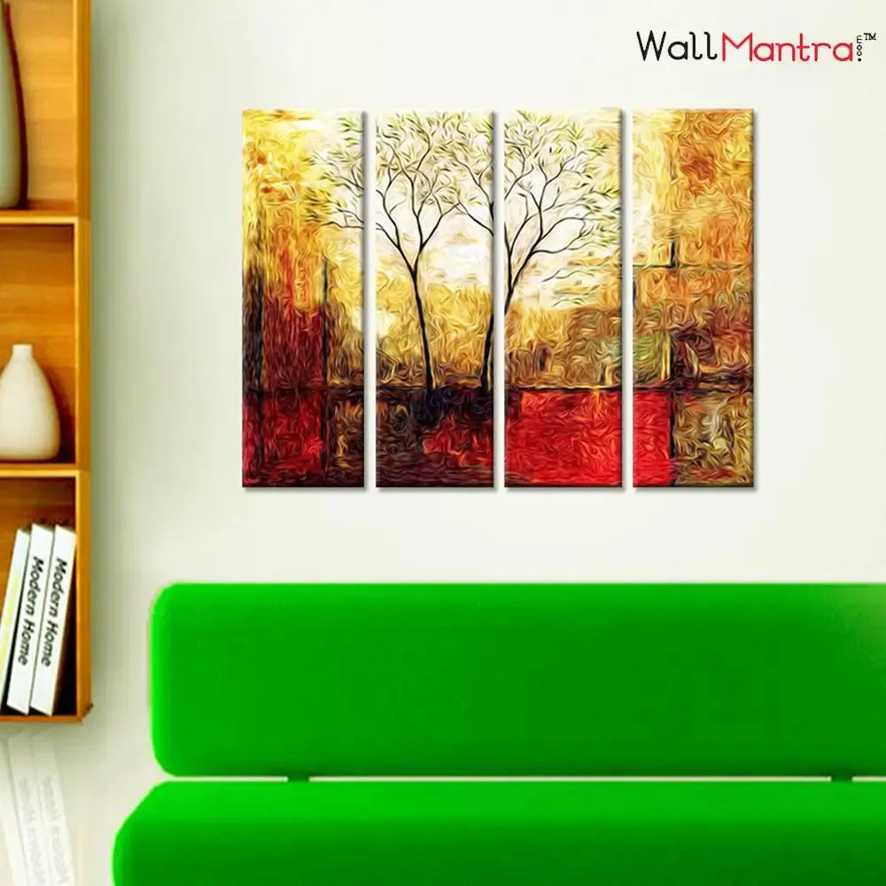 Twin Tree Sepia Scenery  Canvas Printed Painting 4 Pieces Wall Painting with Wooden Framed