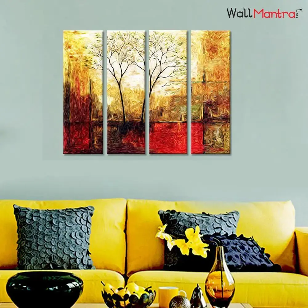 Twin Tree Sepia Scenery  Canvas Printed Painting 4 Pieces Wall Painting with Wooden Framed