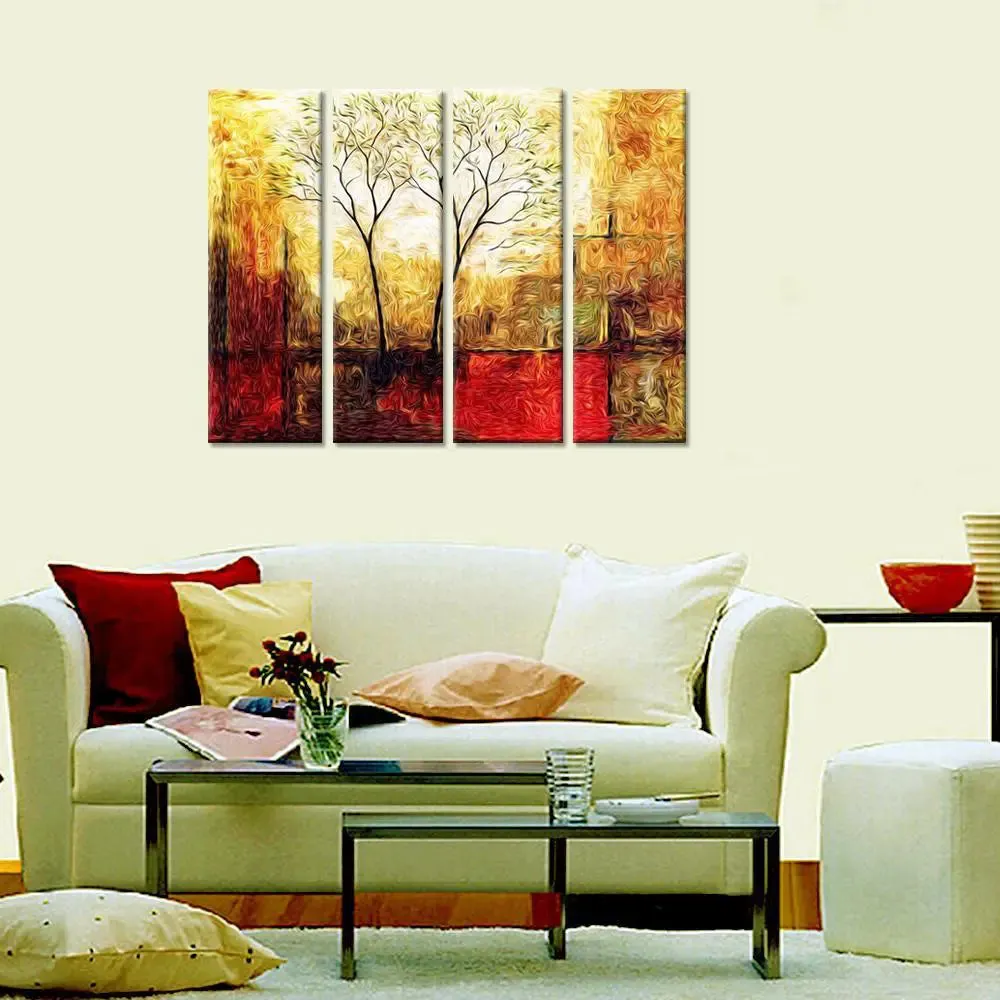 Twin Tree Sepia Scenery  Canvas Printed Painting 4 Pieces Wall Painting with Wooden Framed