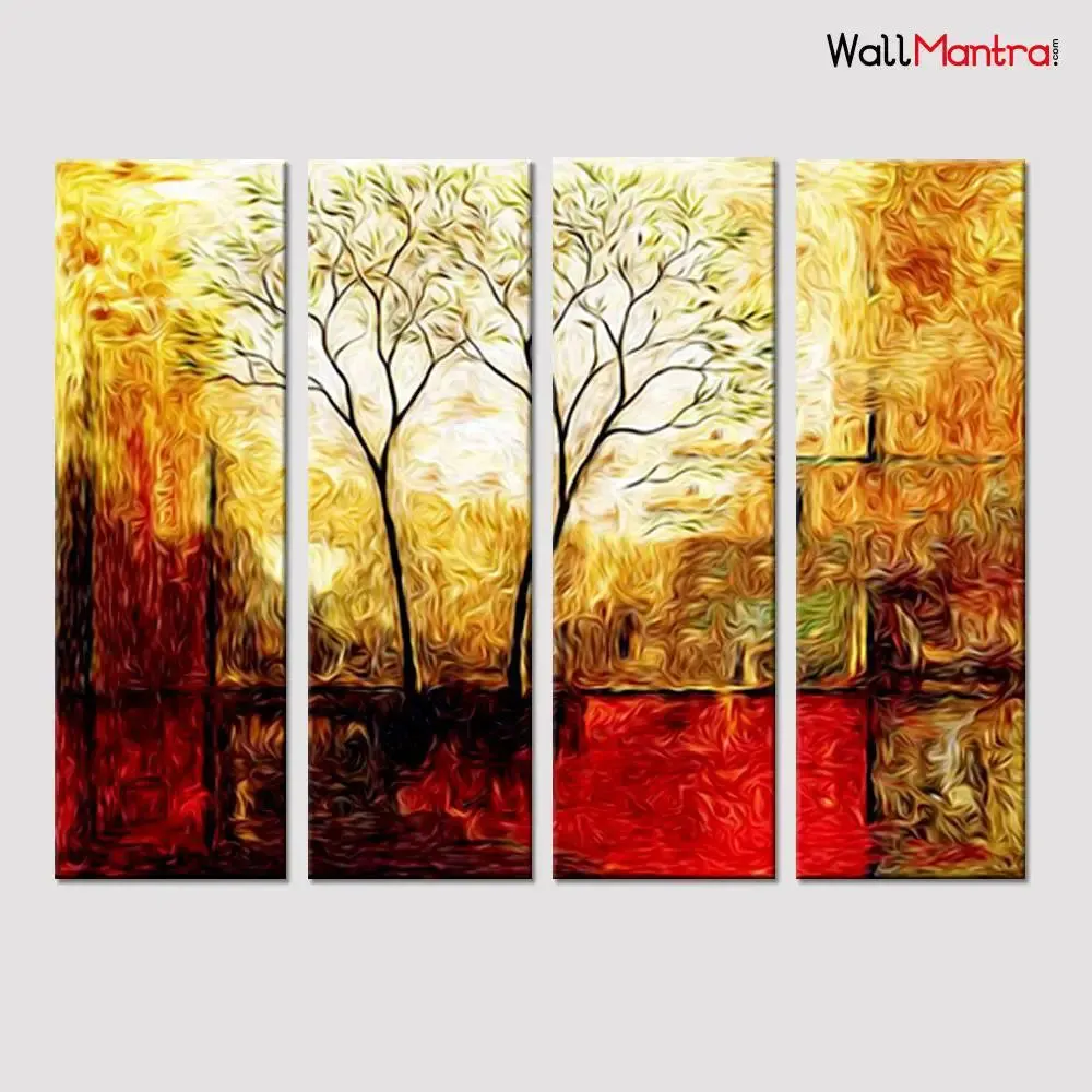 Twin Tree Sepia Scenery  Canvas Printed Painting 4 Pieces Wall Painting with Wooden Framed