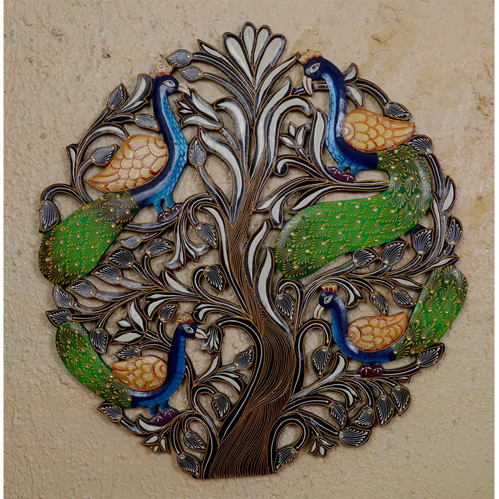 Twinning Peacock In The Tree Round Wooden Wall Art