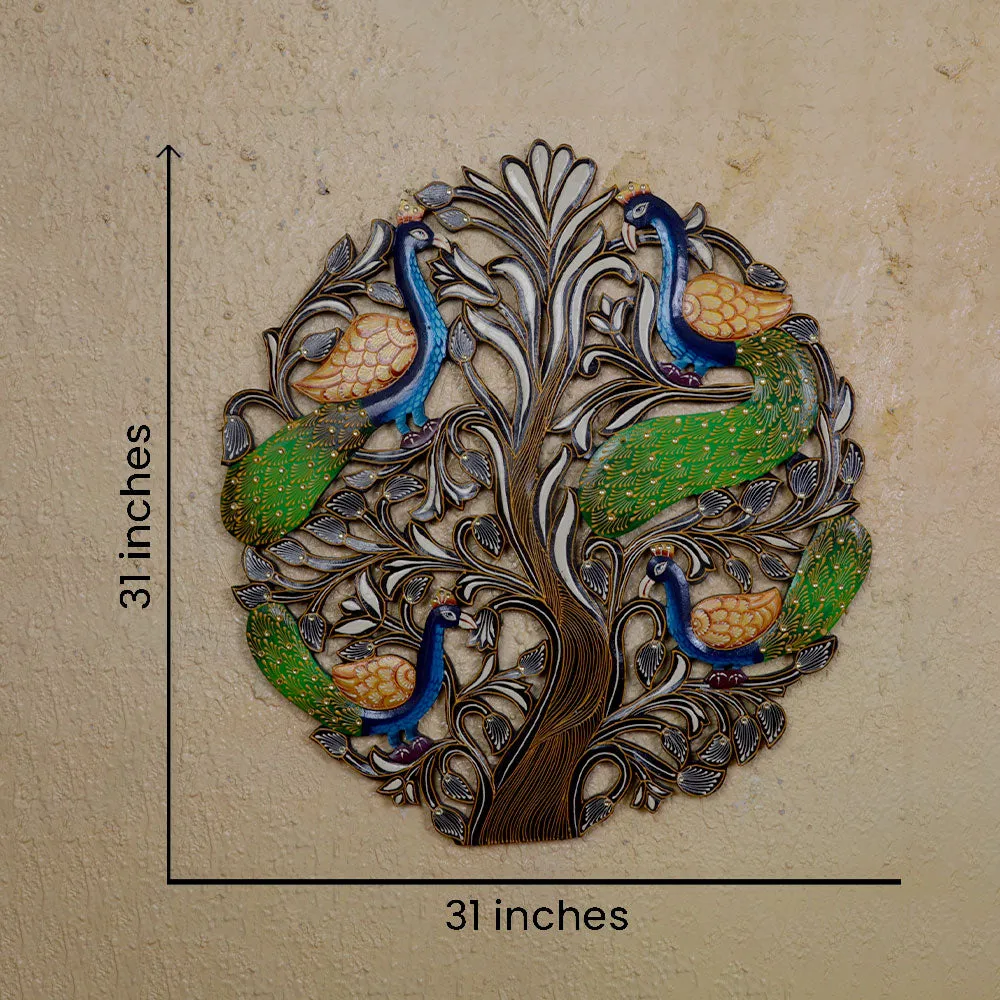 Twinning Peacock In The Tree Round Wooden Wall Art