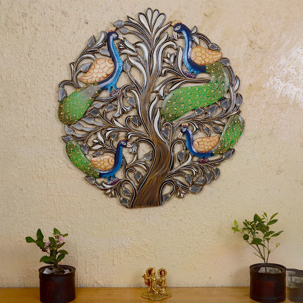 Twinning Peacock In The Tree Round Wooden Wall Art