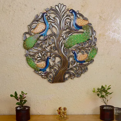Twinning Peacock In The Tree Round Wooden Wall Art