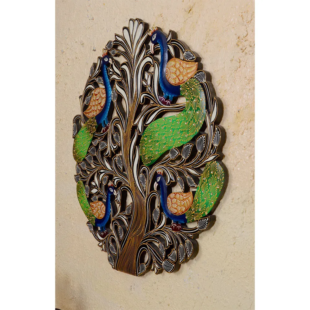 Twinning Peacock In The Tree Round Wooden Wall Art