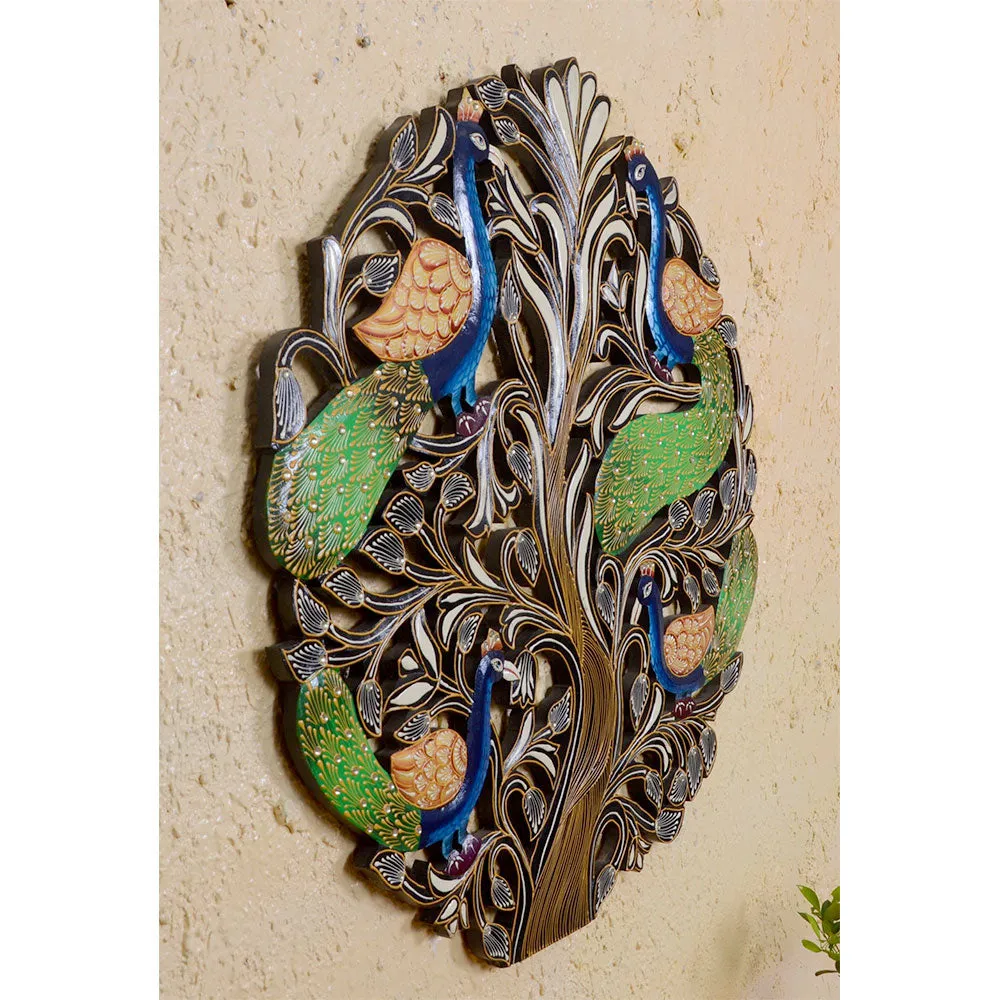 Twinning Peacock In The Tree Round Wooden Wall Art