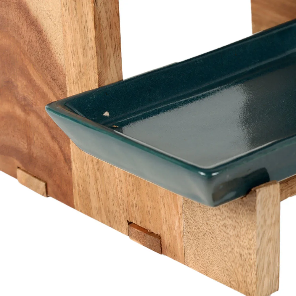 Two Layered Green Ceramic Snacks Platter With Wooden Stand