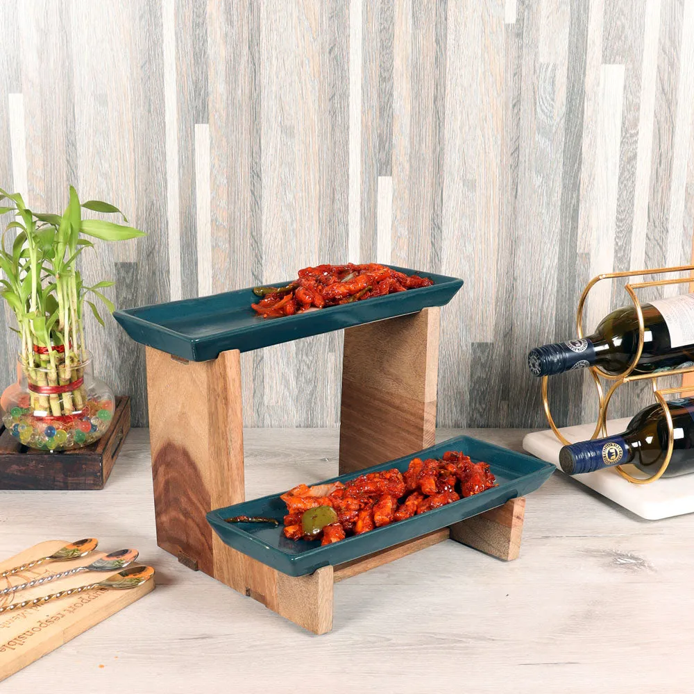 Two Layered Green Ceramic Snacks Platter With Wooden Stand