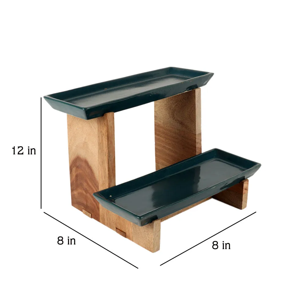 Two Layered Green Ceramic Snacks Platter With Wooden Stand