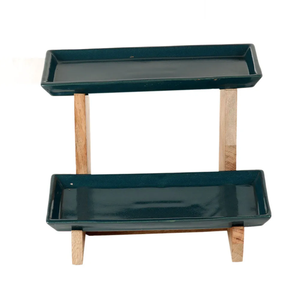 Two Layered Green Ceramic Snacks Platter With Wooden Stand