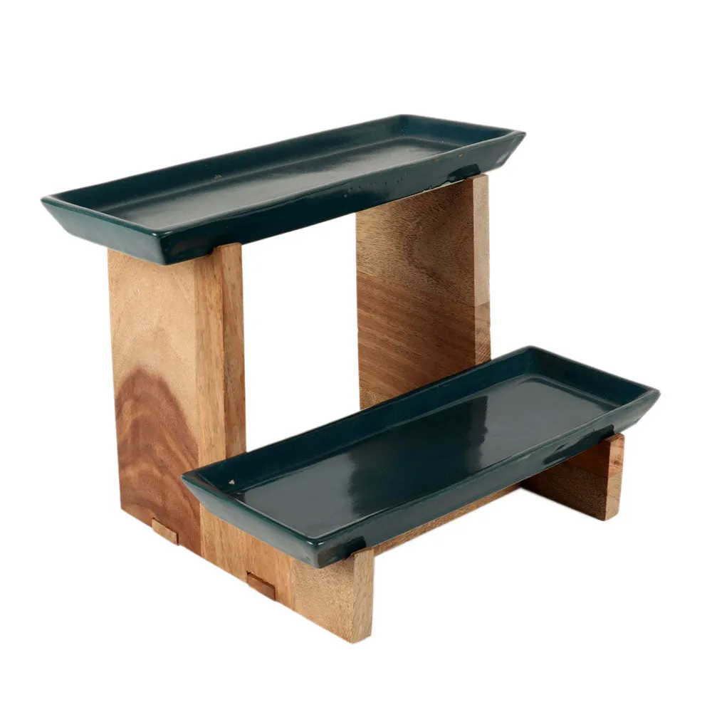 Two Layered Green Ceramic Snacks Platter With Wooden Stand