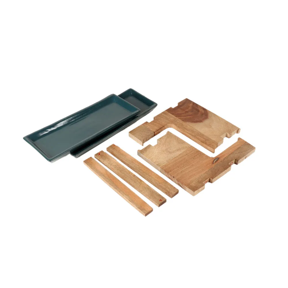 Two Layered Green Ceramic Snacks Platter With Wooden Stand