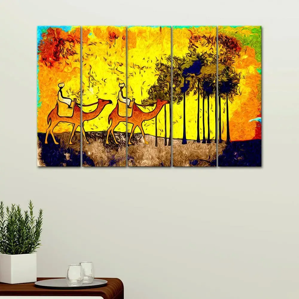 Two Riding Camels 5 Pieces Wall Painting